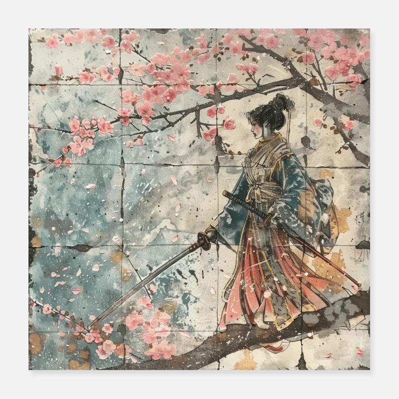 Japanese, Samurai, Cherry Blossom, Art, Ukiyo-E Poster 16" x 16" (40x40 cm)
