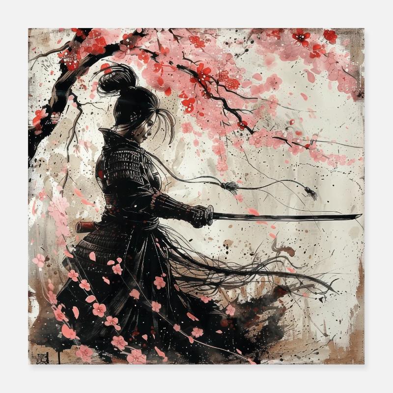 Japanese, Samurai, Cherry Blossom, Art, Ukiyo-E Poster 16" x 16" (40x40 cm)