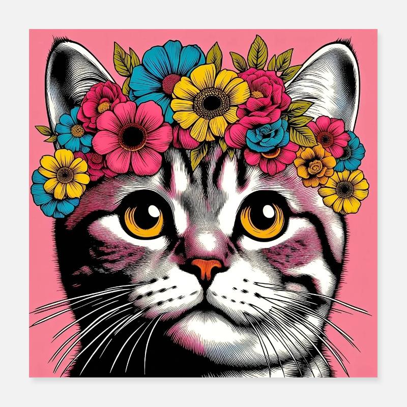 Chat avec des fleurs Poster 40 x 40 cm