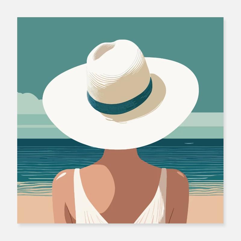 Femme avec chapeau sur la plage Poster 40 x 40 cm