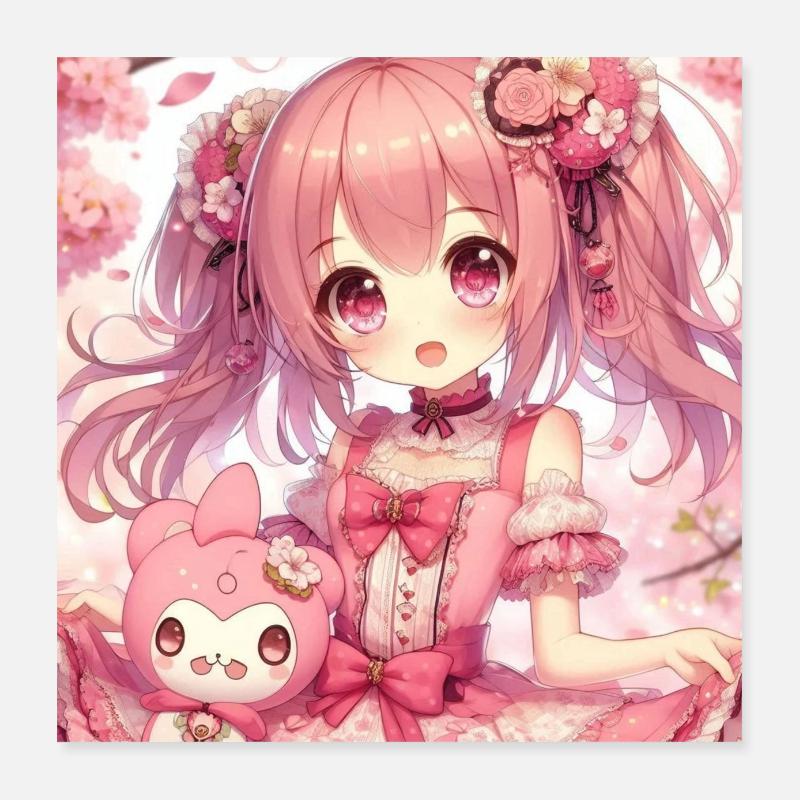 Kleines Mädchen mit ihrer japanischen Anime-Puppe - Poster 40x40 cm - Weiß