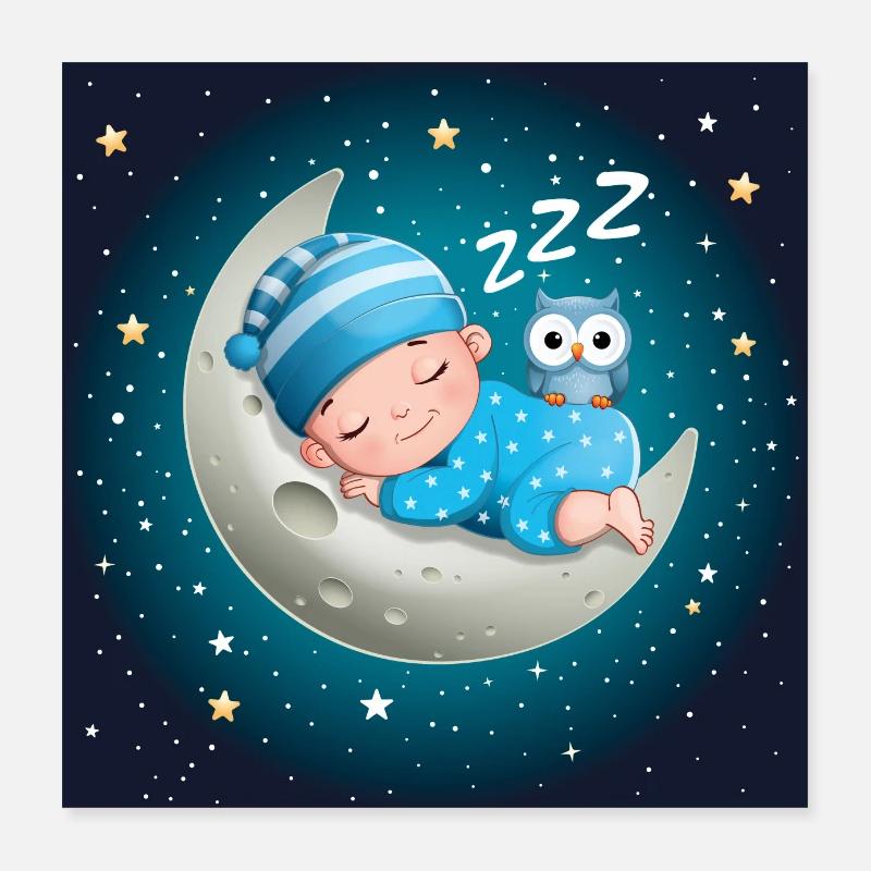 Schlafender Junge auf dem Mond mit einer Eule. Poster 40x40 cm