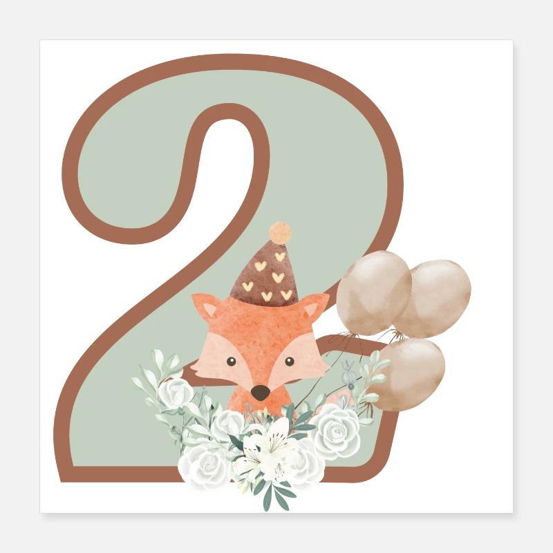 2nd Birthday Fox Flowers Poster 16" x 16" (40x40 cm)