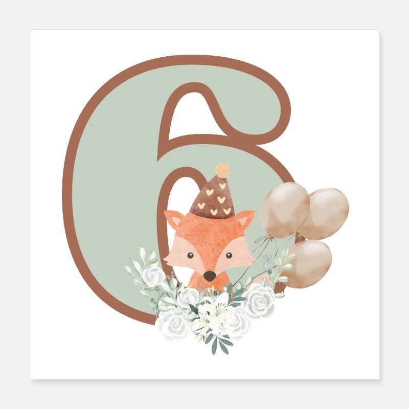 6th Birthday Fox Flowers Poster 16" x 16" (40x40 cm)