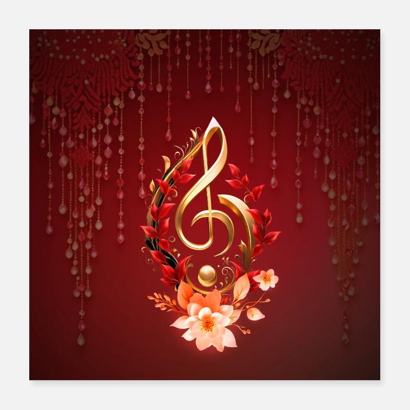 Clé de sol dorée avec des feuilles rouges. Poster 40 x 40 cm