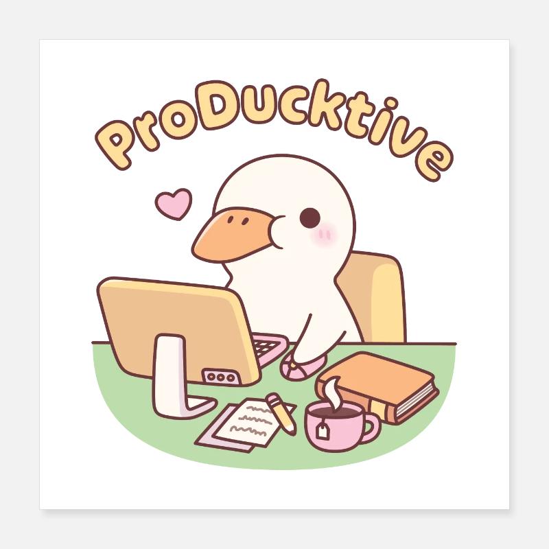 Cute Duck Working On Computer Producktive Pun Poster 16" x 16" (40x40 cm)