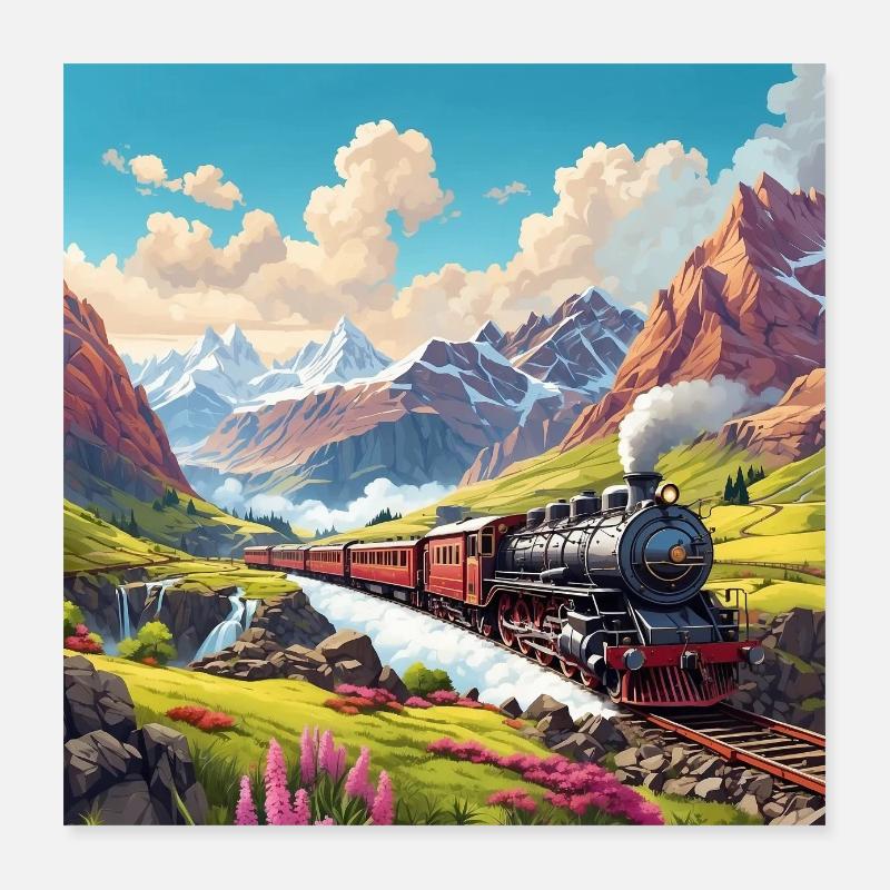 Nostalgischer Eisenbahnzug mit Dampflok Poster 40x40 cm