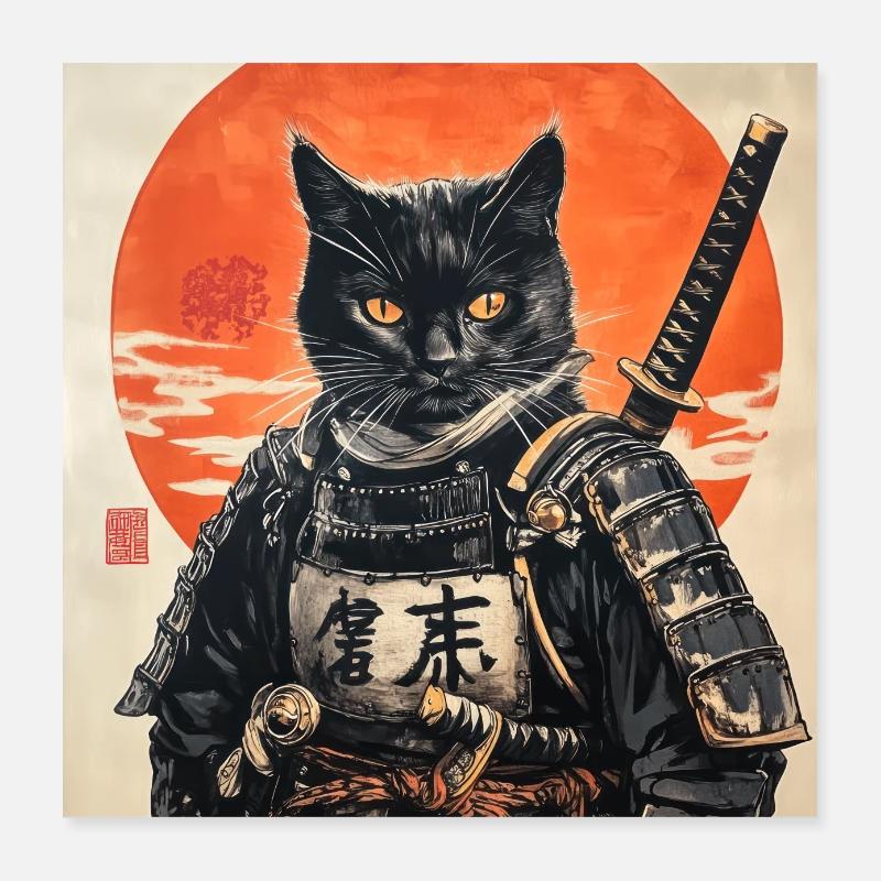 Katze Samurai Japan Ukiyo-E Poster 40x40 cm