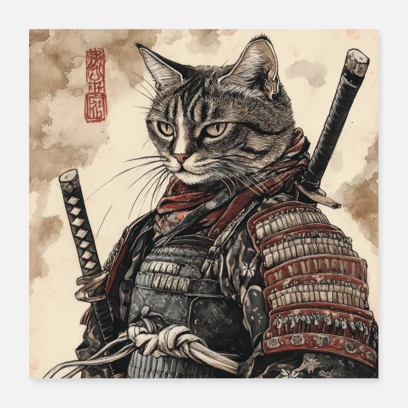Katze Samurai Japan Ukiyo-E Poster 40x40 cm