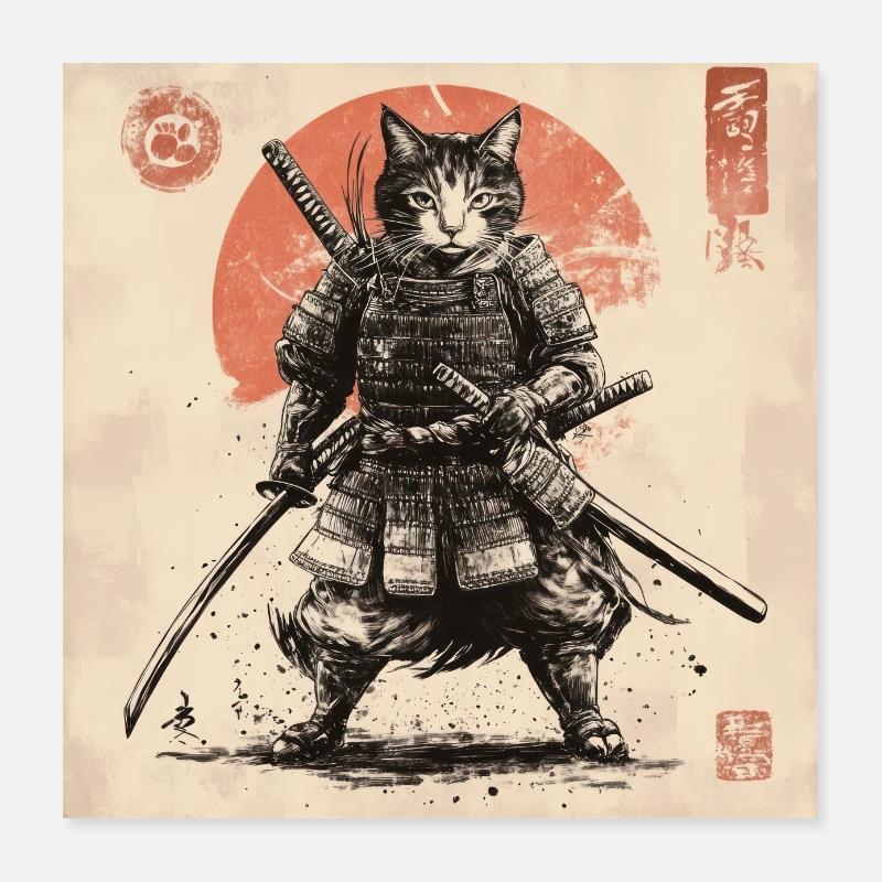 Cat Samurai Japan Ukiyo-E Poster 16" x 16" (40x40 cm)