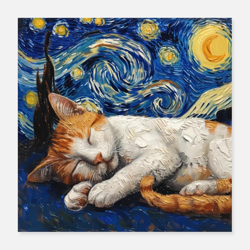 Katze Van Gogh Sternennacht Poster 40x40 cm