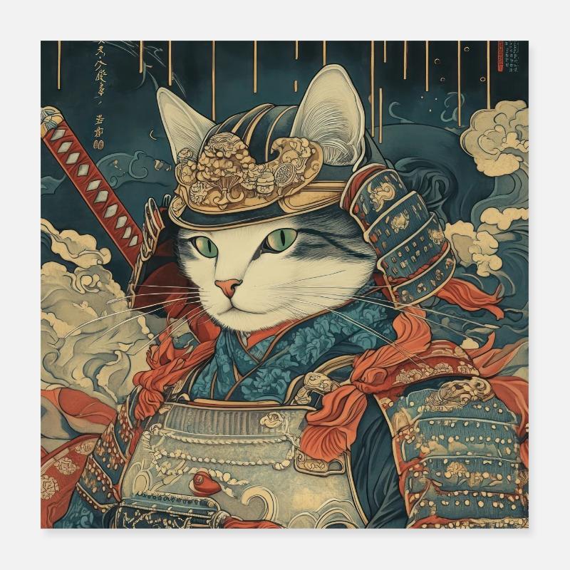 Cat Samurai Japan Ukiyo-E Poster 16" x 16" (40x40 cm)