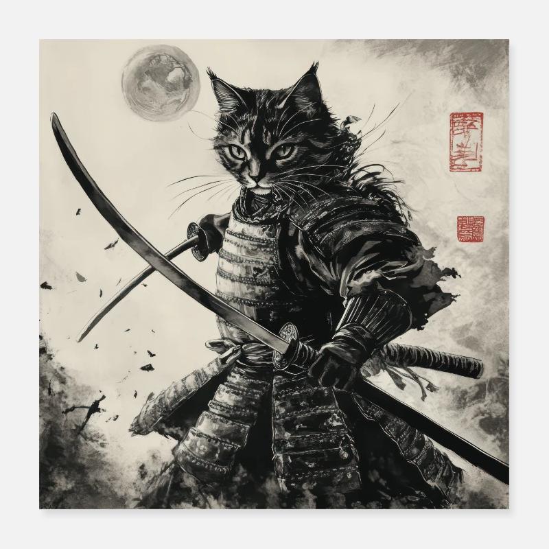 Cat Samurai Japan Ukiyo-E Poster 16" x 16" (40x40 cm)