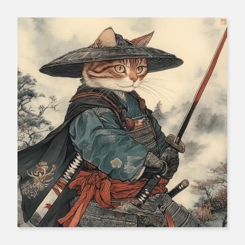 Katze Samurai Japan Ukiyo-E Poster 40x40 cm