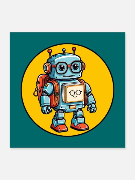 Kleiner süßer Roboter mit Schulranzen Einschulung - Poster 40x40 cm - Weiß