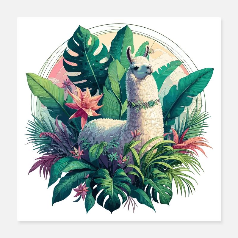 Lama Dschungel Pflanzen Palmen Geschenk Poster 40x40 cm
