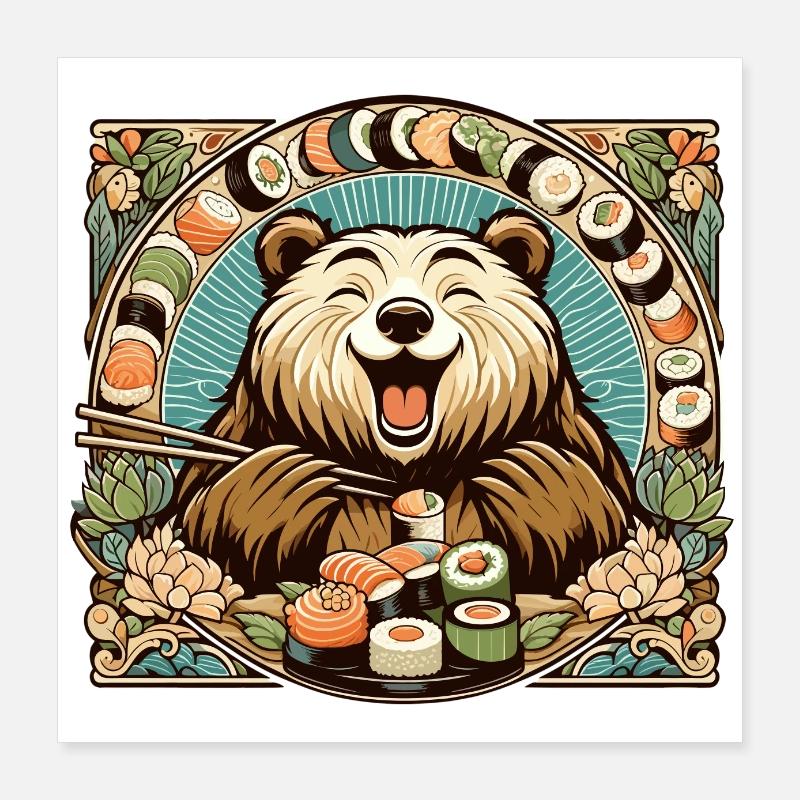 Sushi Bear Happy Cute Maki Gift Poster 16" x 16" (40x40 cm)
