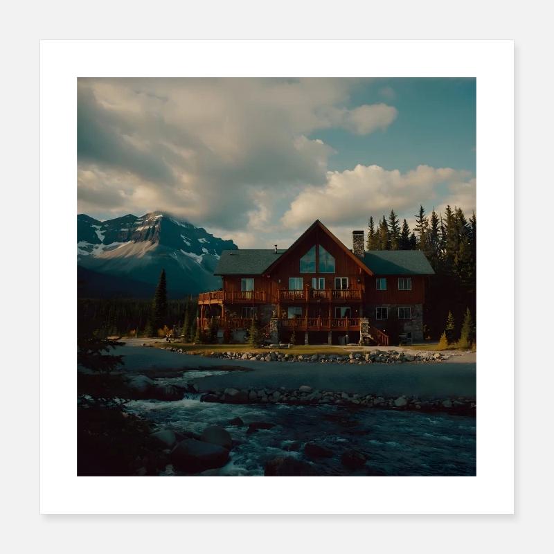 Lodge am Fluss in den Rockies Poster 40x40 cm