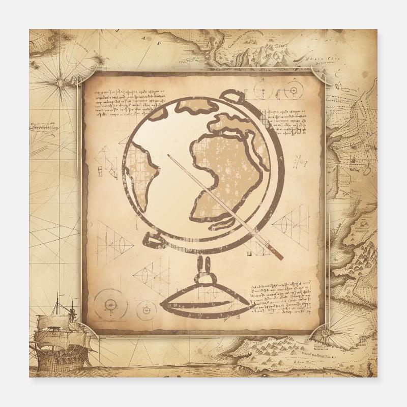 Geography - Globe & Pointer / Old World Map Poster 16" x 16" (40x40 cm)