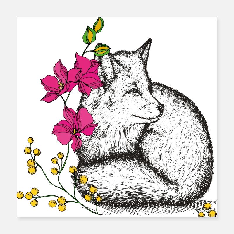 Fuchs mit Blumen - Poster 40x40 cm - Weiß