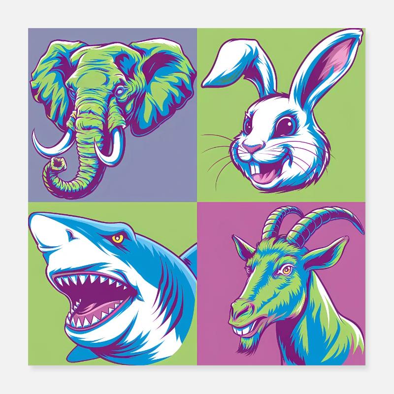 Pop Art éléphant chèvre lapin requin coloré Poster 40 x 40 cm