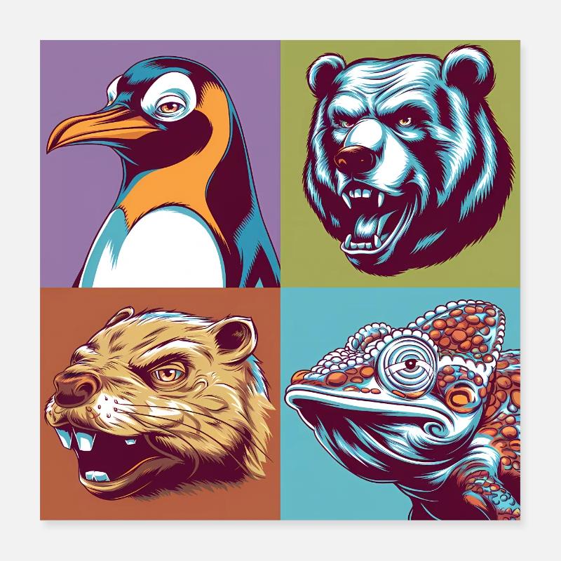 Pop-art bunt Biber Pinguin Bär Chamäleon bunt Poster 40x40 cm
