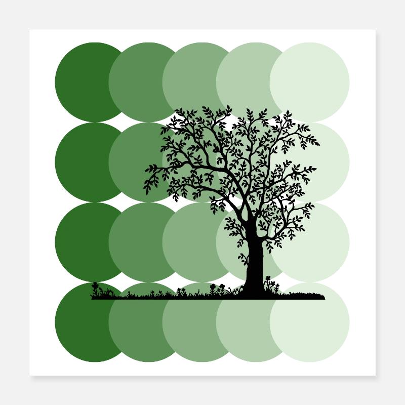 Silhouette Tree with Green Circles Art Poster 16" x 16" (40x40 cm)