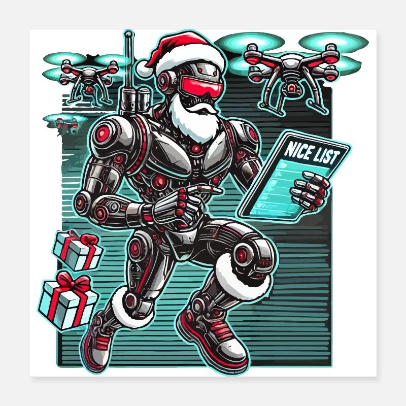 Robot Père Noël IA avec des drones futuristes Poster 40 x 40 cm