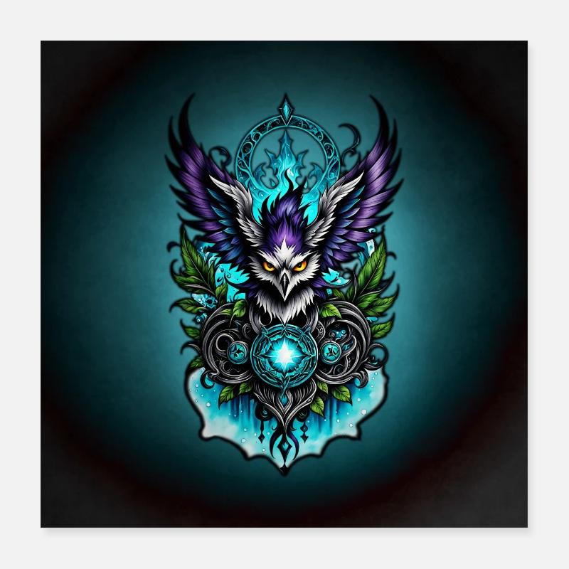 Hibou avec des éléments magiques. Poster 40 x 40 cm