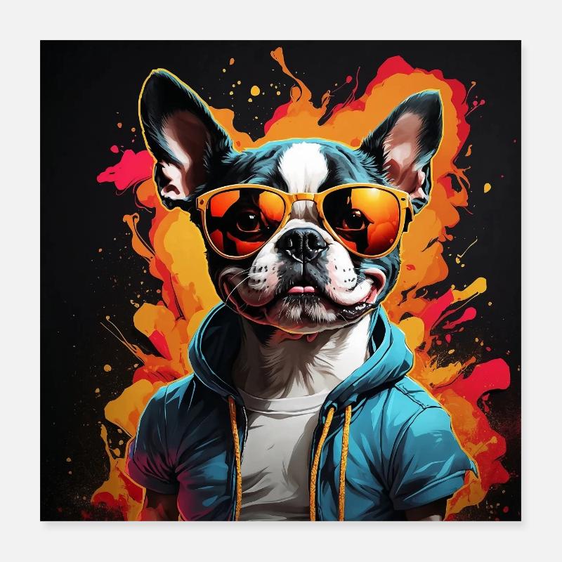 Boston Terrier Bostie avec lunettes de soleil Poster 40 x 40 cm