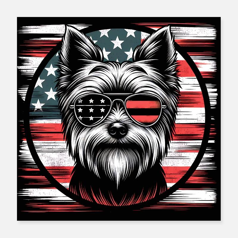 Yorkshire Terrier Yorkie avec drapeau américain Poster 40 x 40 cm