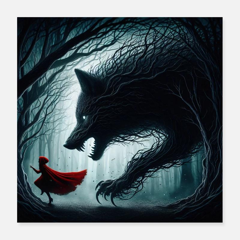Schattenwolf und roter Mantel Poster 40x40 cm
