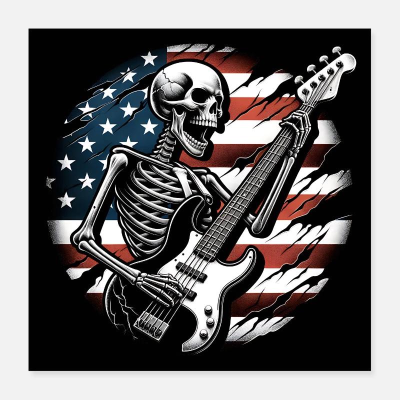 Un squelette de crâne joue de la basse devant le drapeau des États-Unis Poster 40 x 40 cm
