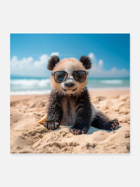 Panda am Strand - Poster 40x40 cm - Weiß