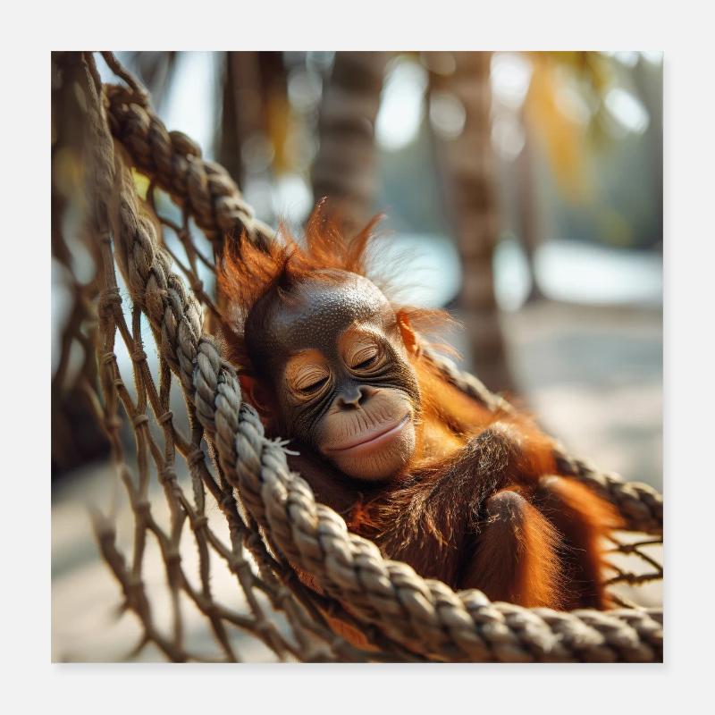 Orangutan in der Hängematte - Poster 40x40 cm - Weiß