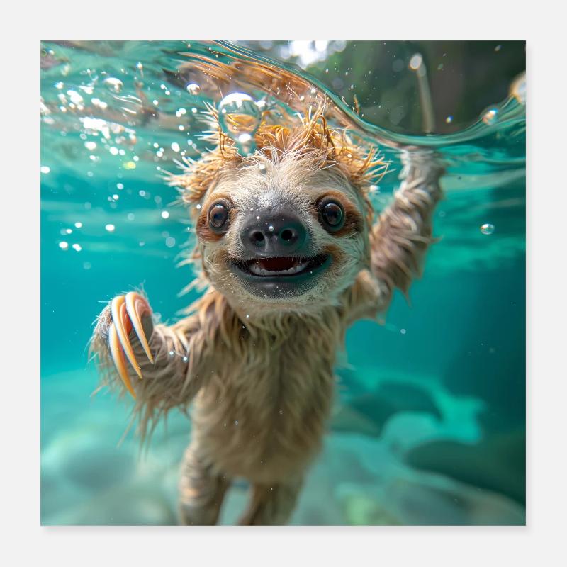 Faultier unter Wasser - Poster 40x40 cm - Weiß