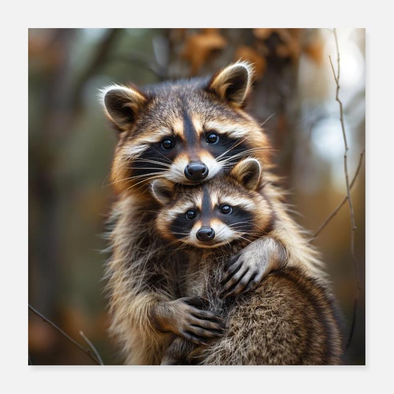 Waschbärmutter mit Kind - Poster 40x40 cm - Weiß