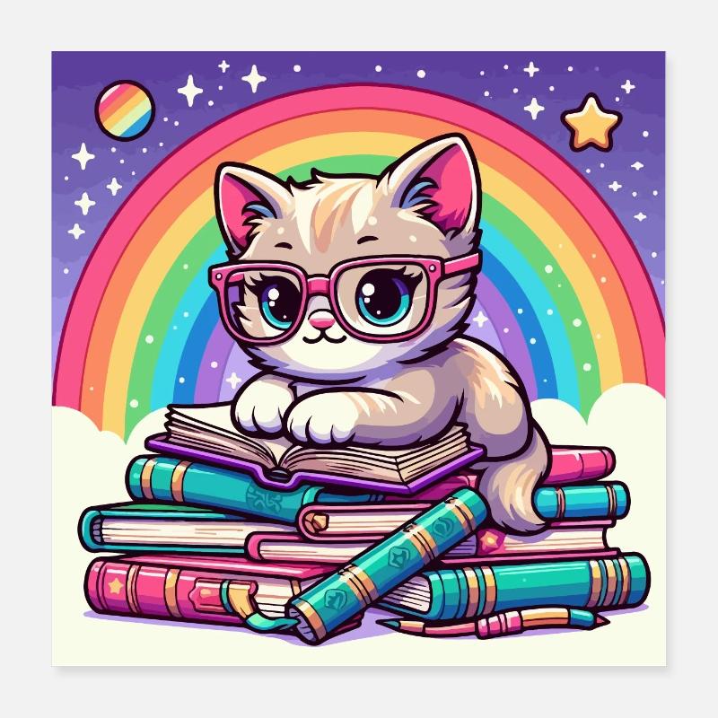 Süße Katze liest Bücher unter dem Regenbogen Poster 40x40 cm