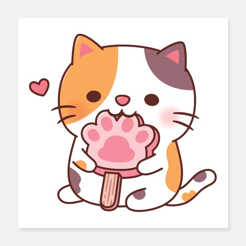 Chat calicot mignon mangeant de la glace à la patte de chat Poster 40 x 40 cm