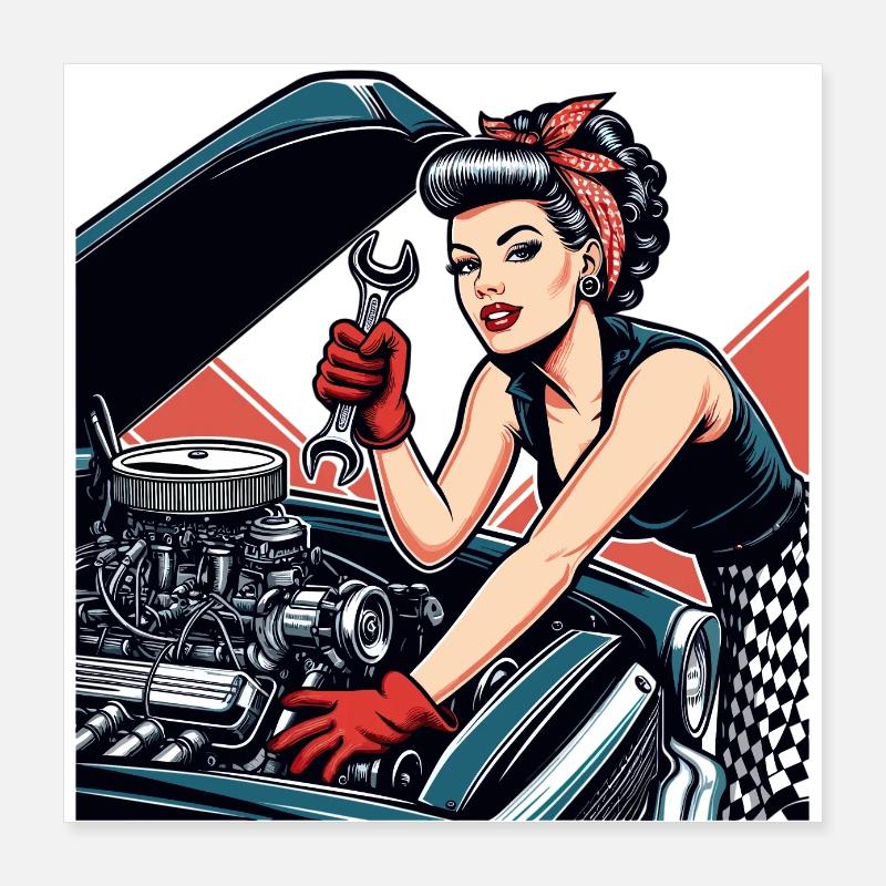 Rockabilly Workshop Car Repair Retro Gift Poster 16" x 16" (40x40 cm)