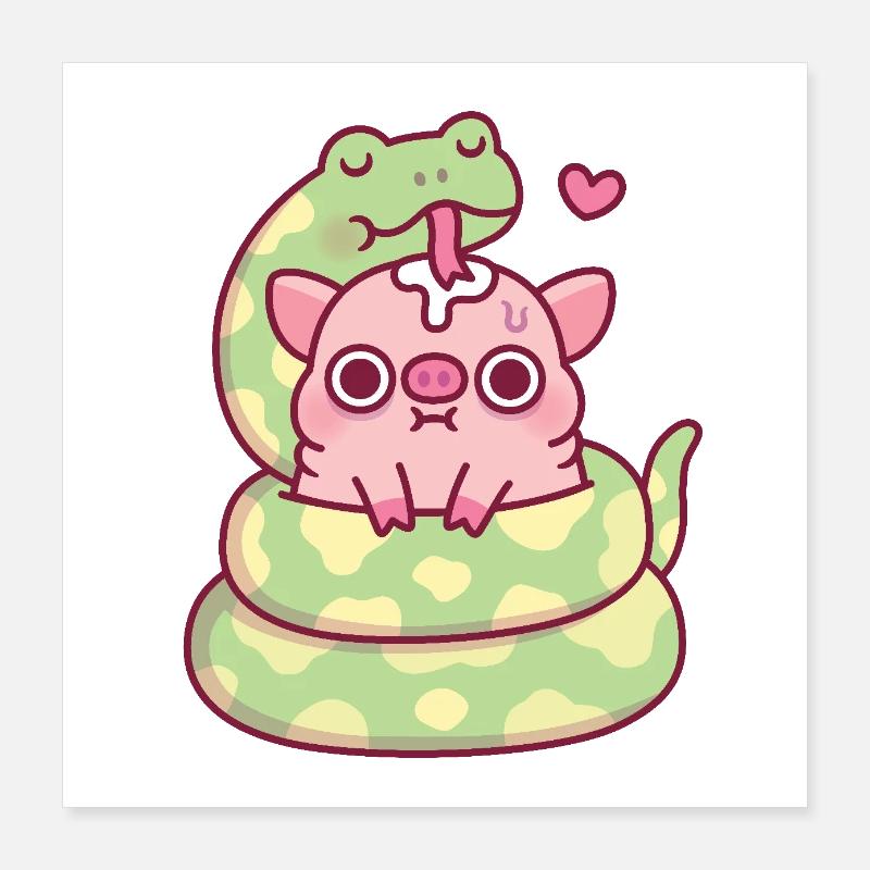 Cute Snake Curl Around An Anxious Pig Poster 16" x 16" (40x40 cm)