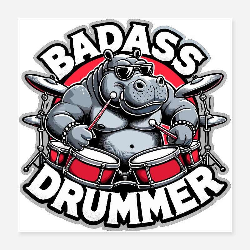 Badass Drummer Hippo Cool Gift Poster 40 x 40 cm