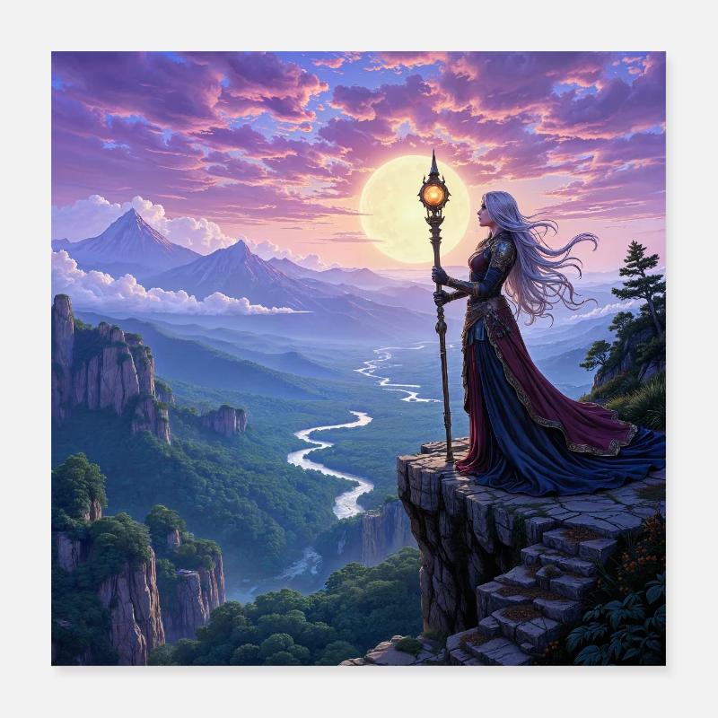 Zauberin auf einer Klippe - Poster 40x40 cm - Weiß