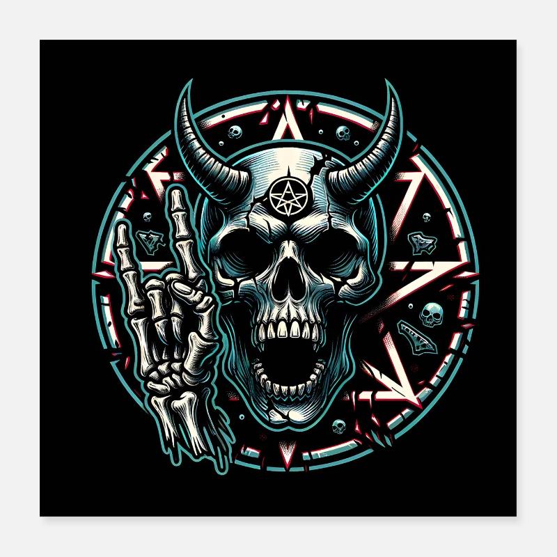 Skull with horns pentagram makes devil horns Poster 16" x 16" (40x40 cm)