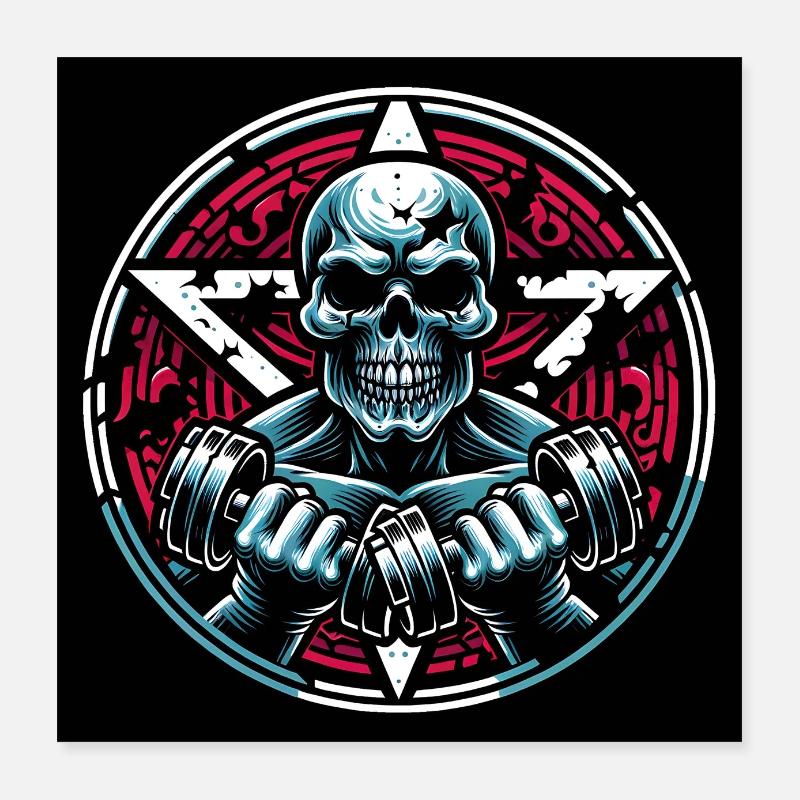 Skull with pentagram hard workout with dumbbell Poster 16" x 16" (40x40 cm)