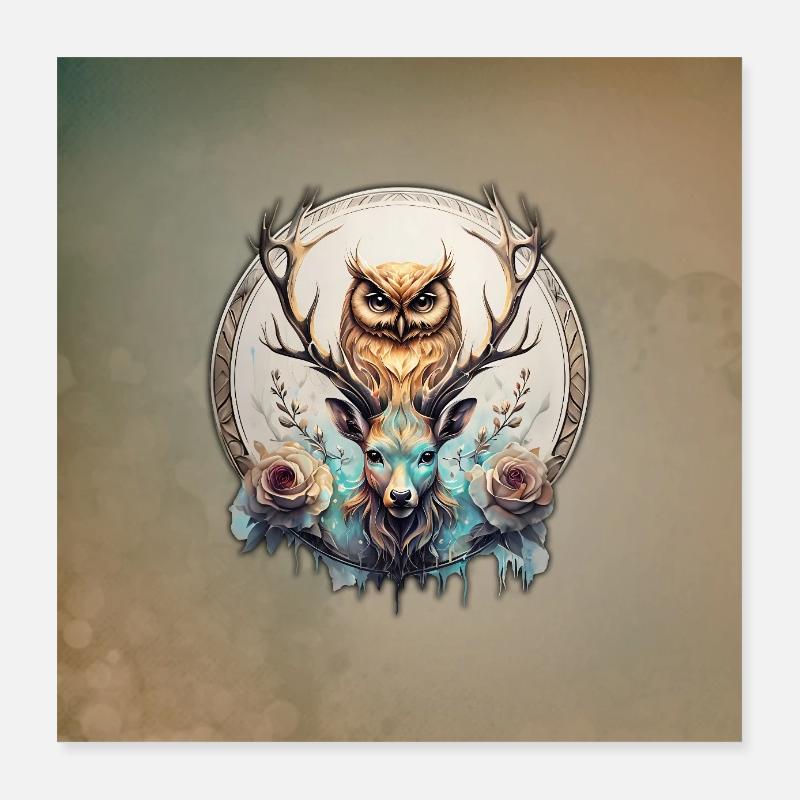 Eule und Hirsch, eine mystische Allianz. Poster 40x40 cm