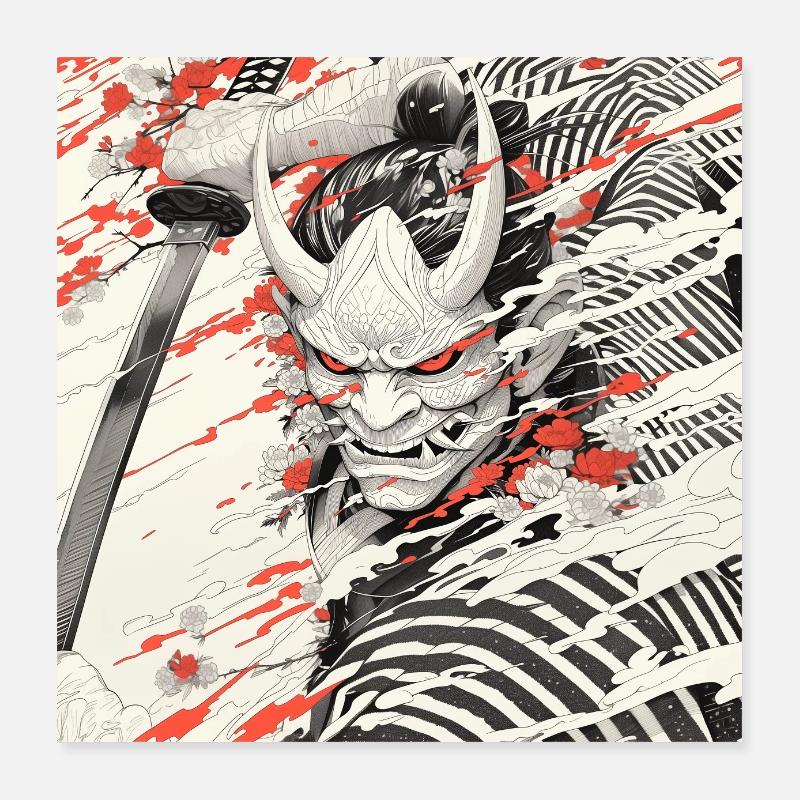 Japan Samurai Oni Dämon Rote Maske - Poster 40x40 cm - Weiß