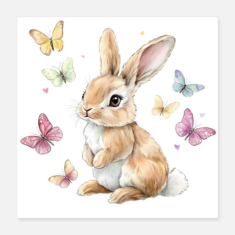 Cute Bunny Rabbit Butterflies Poster 16" x 16" (40x40 cm)