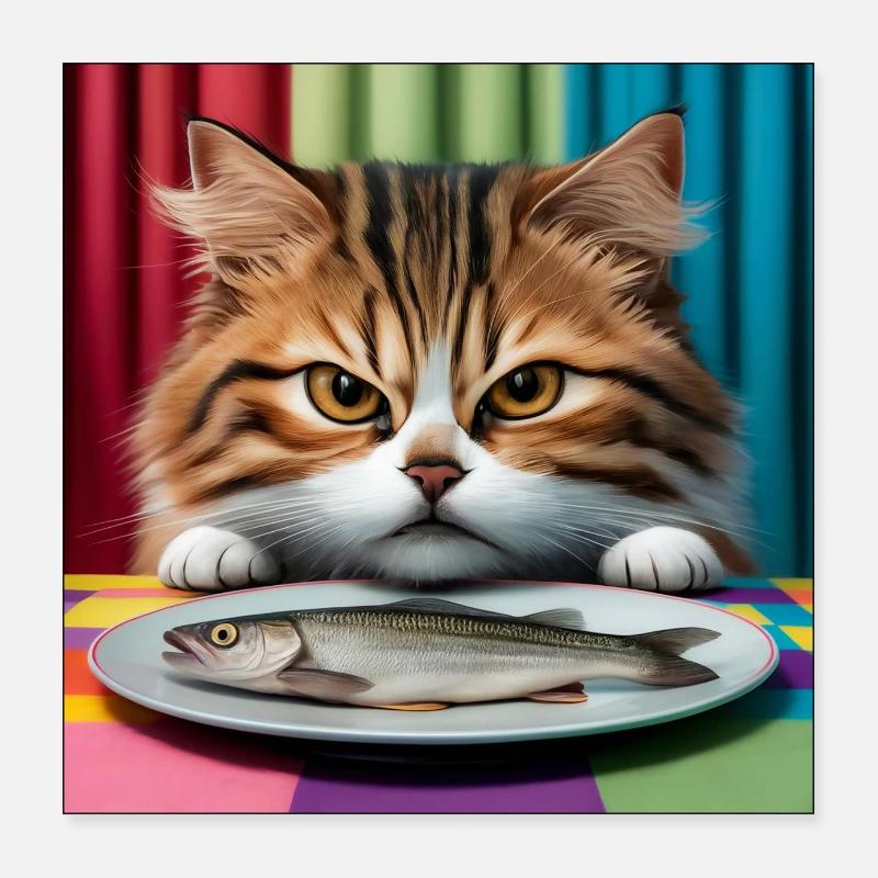 Chat avec du poisson Poster 40 x 40 cm