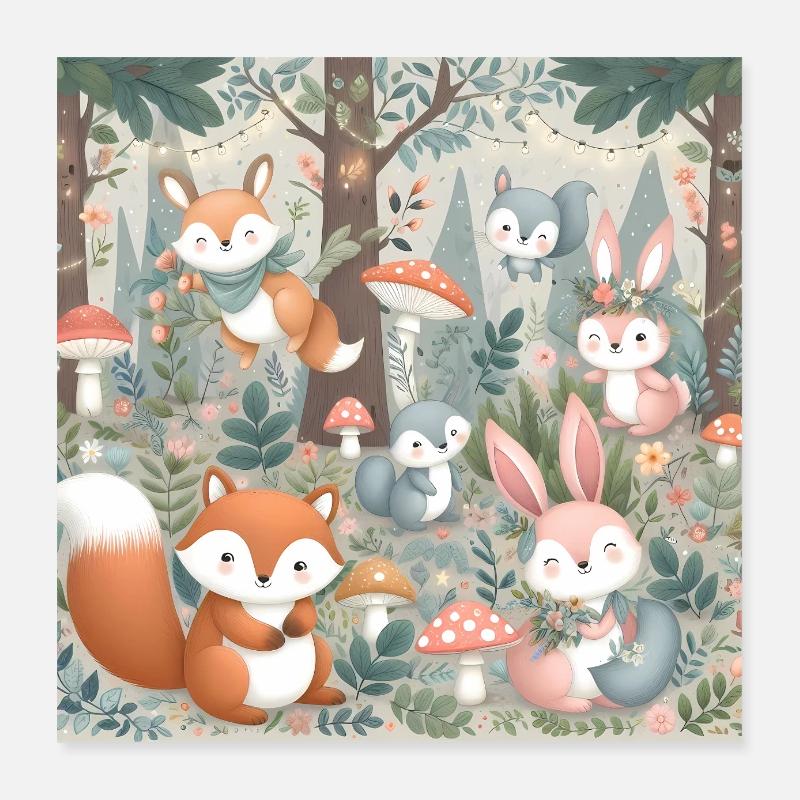 Whimsical Forest Friends: A Magical Gathering Poster 16" x 16" (40x40 cm)